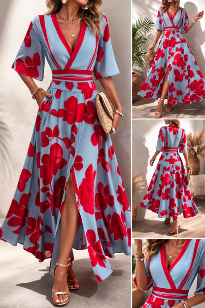 Vestido Largo Mujer Floral Elegante – Escote V y Cintura Ajustable