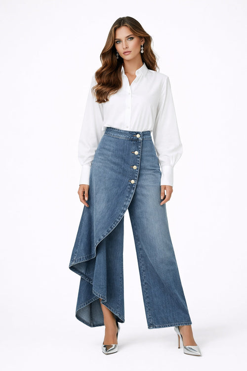 Leticia | Pantalón Vaquero Palazzo Asimétrico Mujer Botones Pierna Ancha