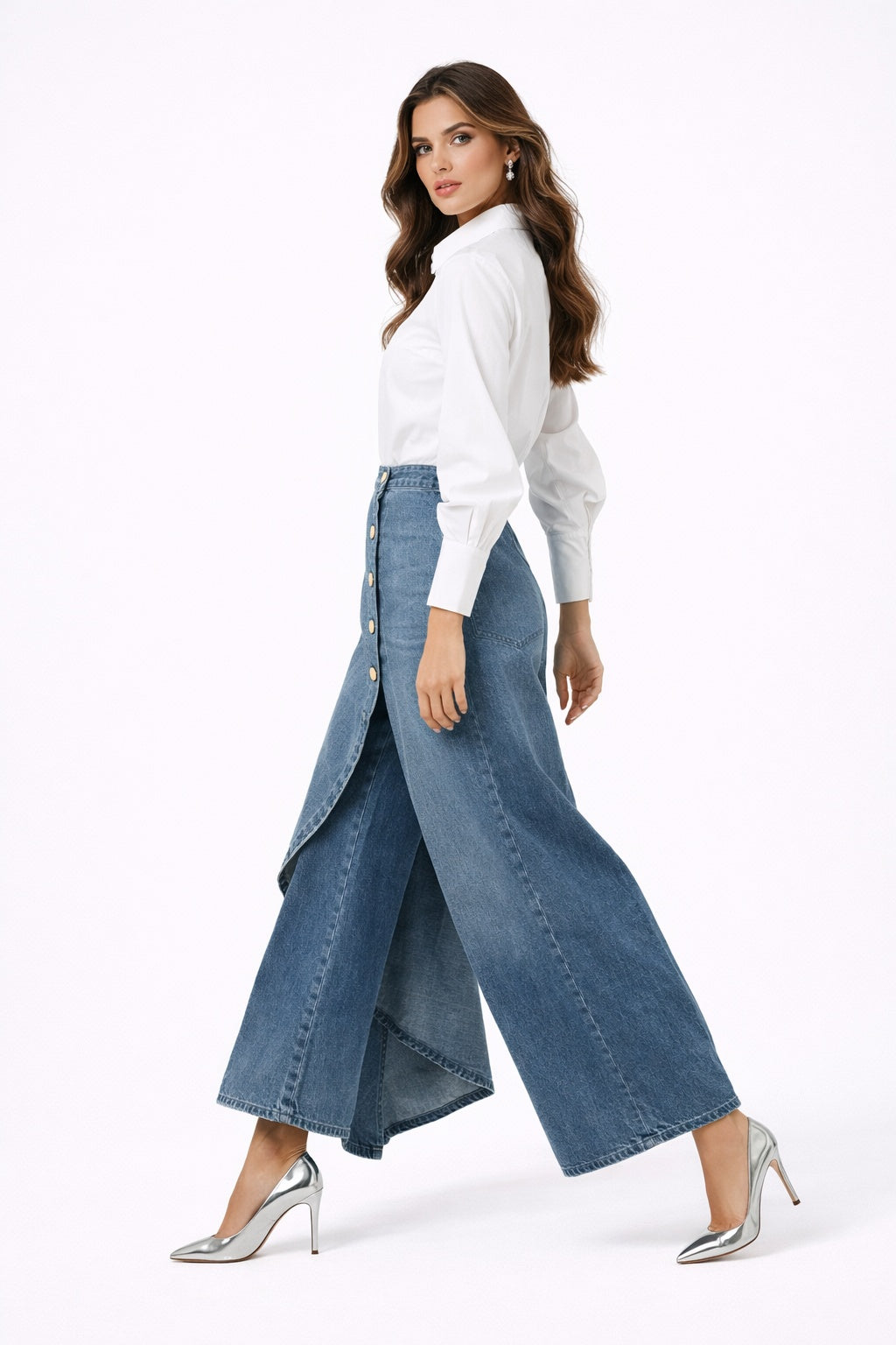 Leticia | Pantalón Vaquero Palazzo Asimétrico Mujer Botones Pierna Ancha