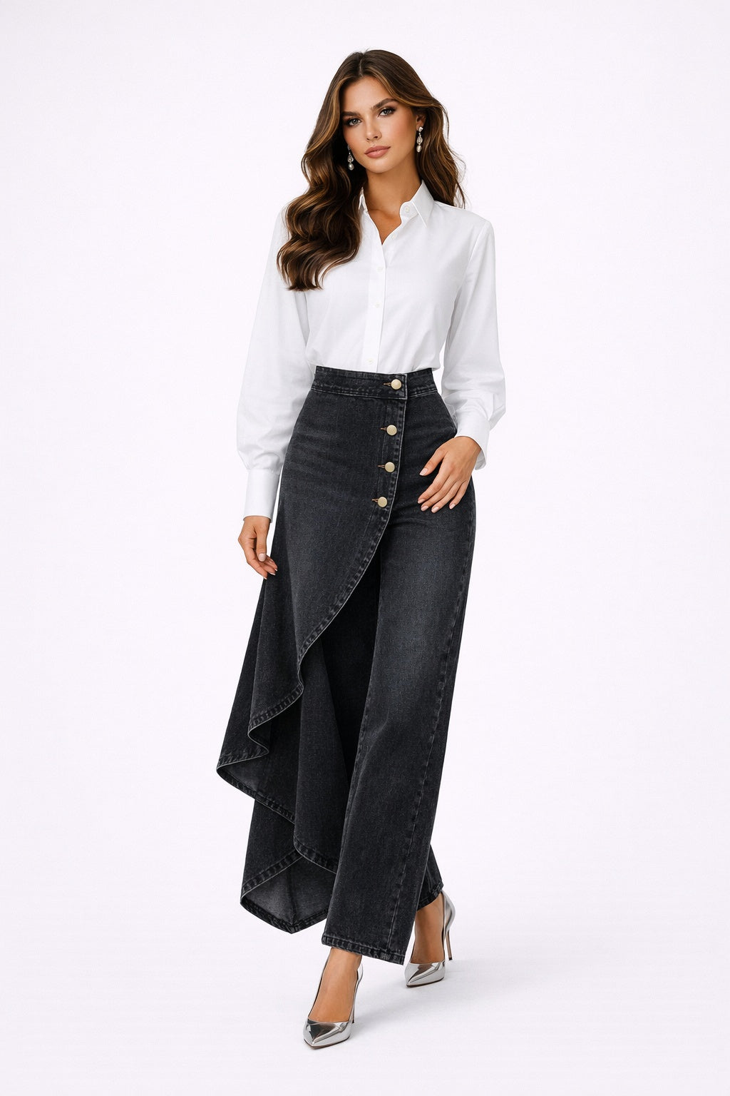 Leticia | Pantalón Vaquero Palazzo Asimétrico Mujer Botones Pierna Ancha