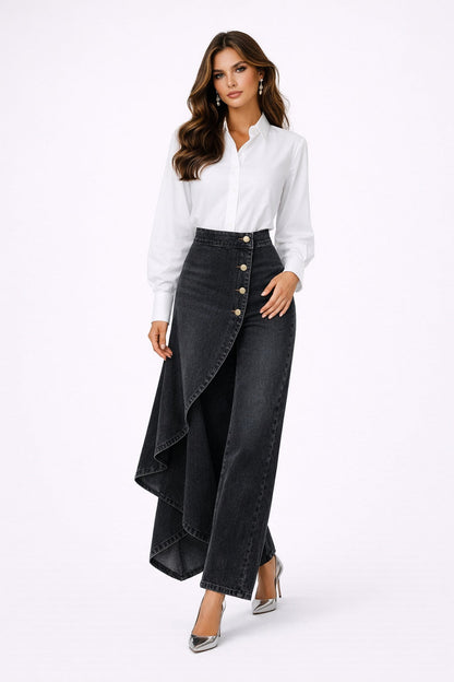 Leticia | Pantalón Vaquero Palazzo Asimétrico Mujer Botones Pierna Ancha