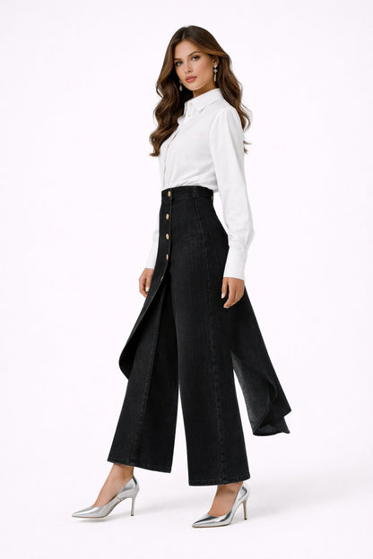 Leticia | Pantalón Vaquero Palazzo Asimétrico Mujer Botones Pierna Ancha