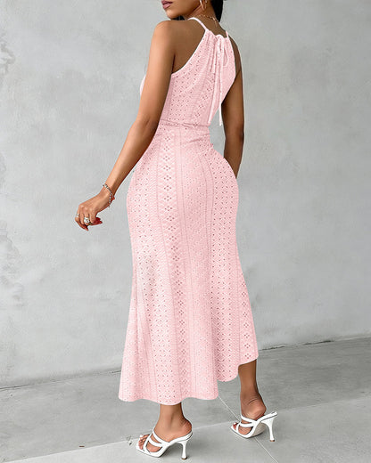 Vestido midi mujer jacquard halter abertura elegante verano