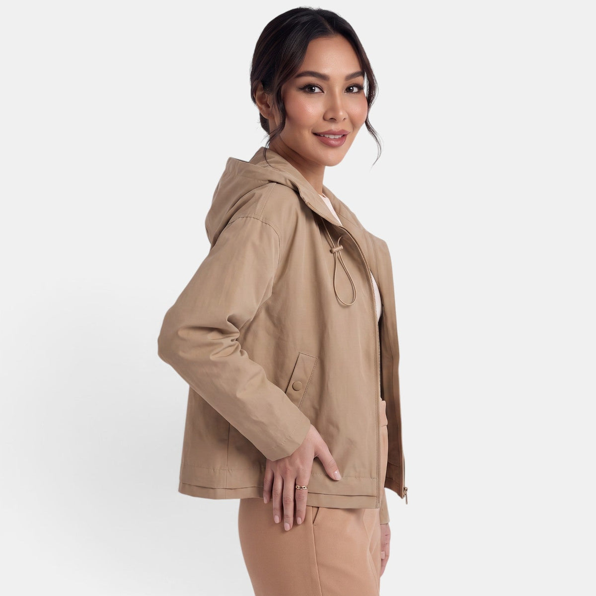 Gabardina corta para mujer con capucha, chaqueta de entretiempo