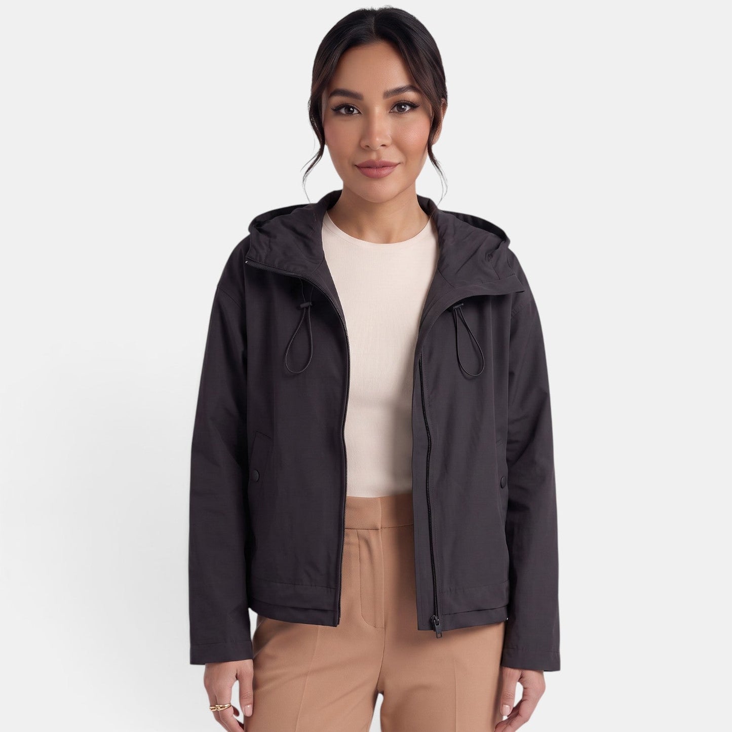 Gabardina corta para mujer con capucha, chaqueta de entretiempo