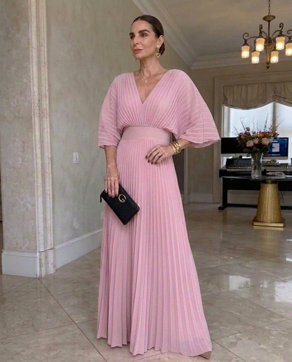 Vestido plisado mujer con mangas fluidas y escote en V