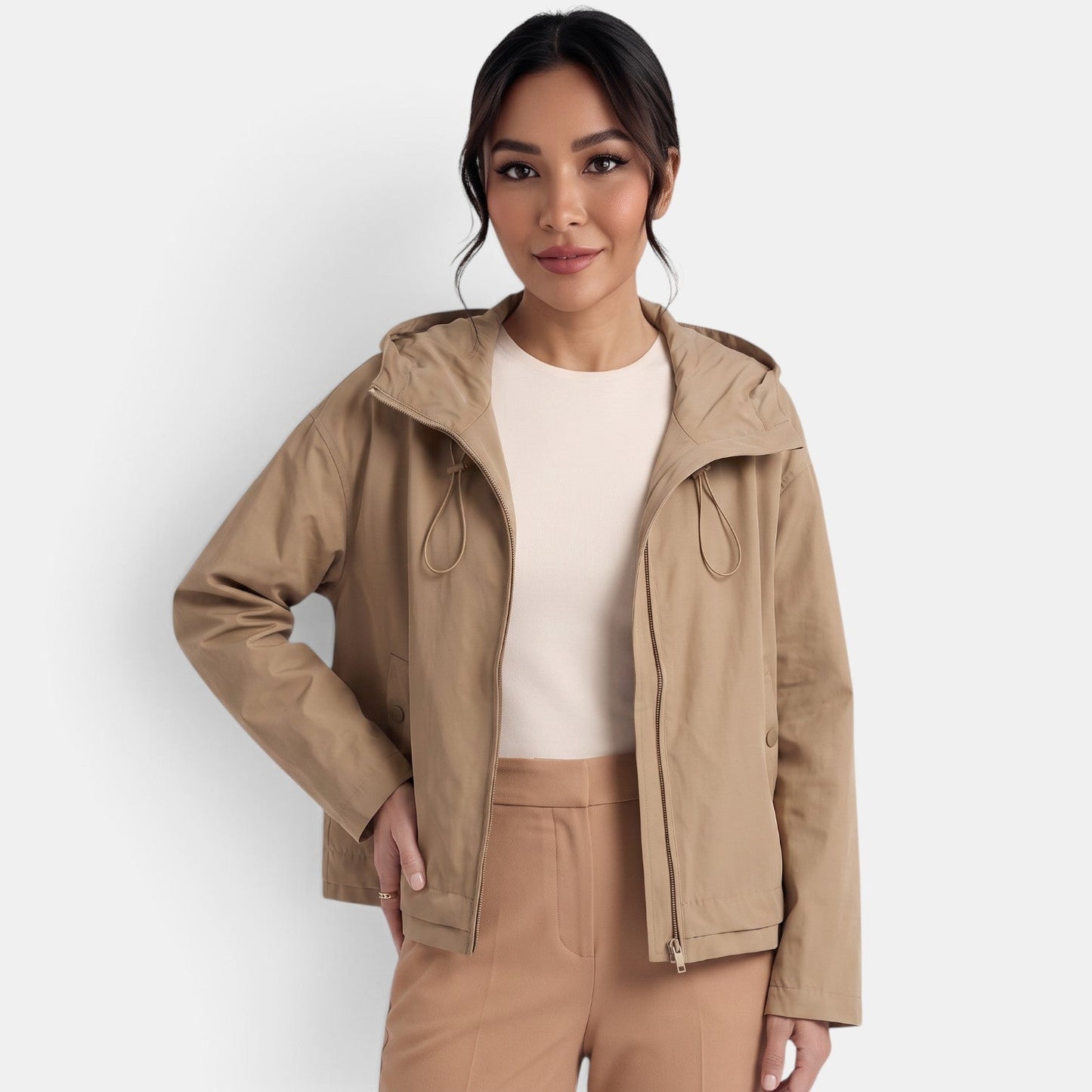 Gabardina corta para mujer con capucha, chaqueta de entretiempo