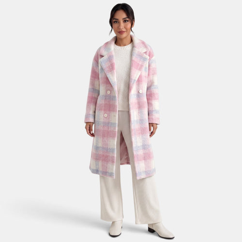 Abrigo largo de lana rosa para mujer