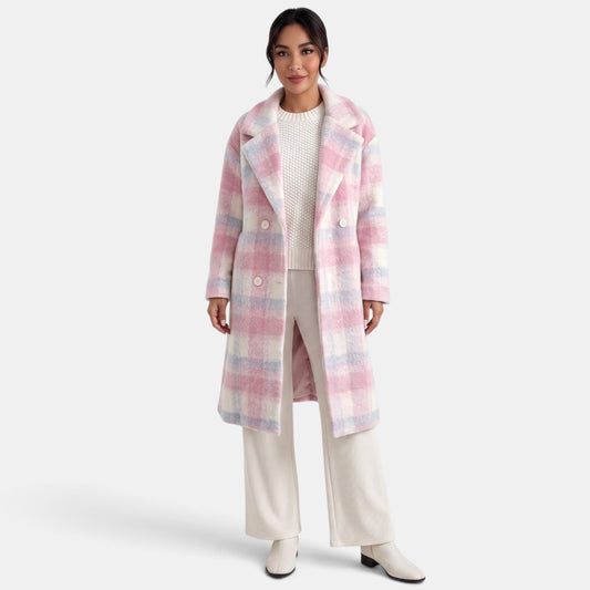 Abrigo largo de lana rosa para mujer