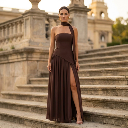 Ella | Vestido maxi asimétrico sin tirantes para mujer