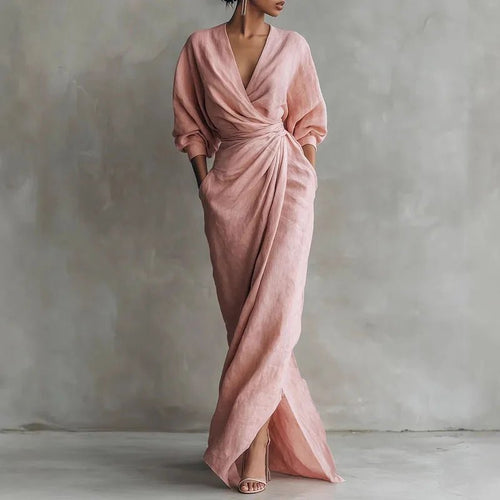 Leticia | Vestido maxi cruzado con escote en V y manga larga