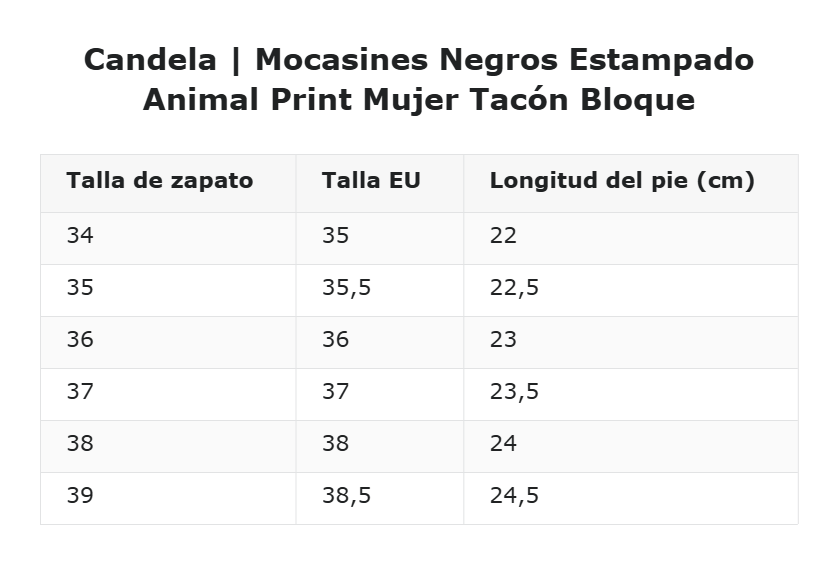 Candela | Mocasines Negros Estampado Animal Print Mujer Tacón Bloque — guía de tallas