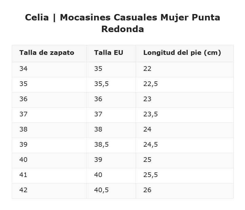 Celia | Mocasines Casuales Mujer Punta Redonda — guía de tallas