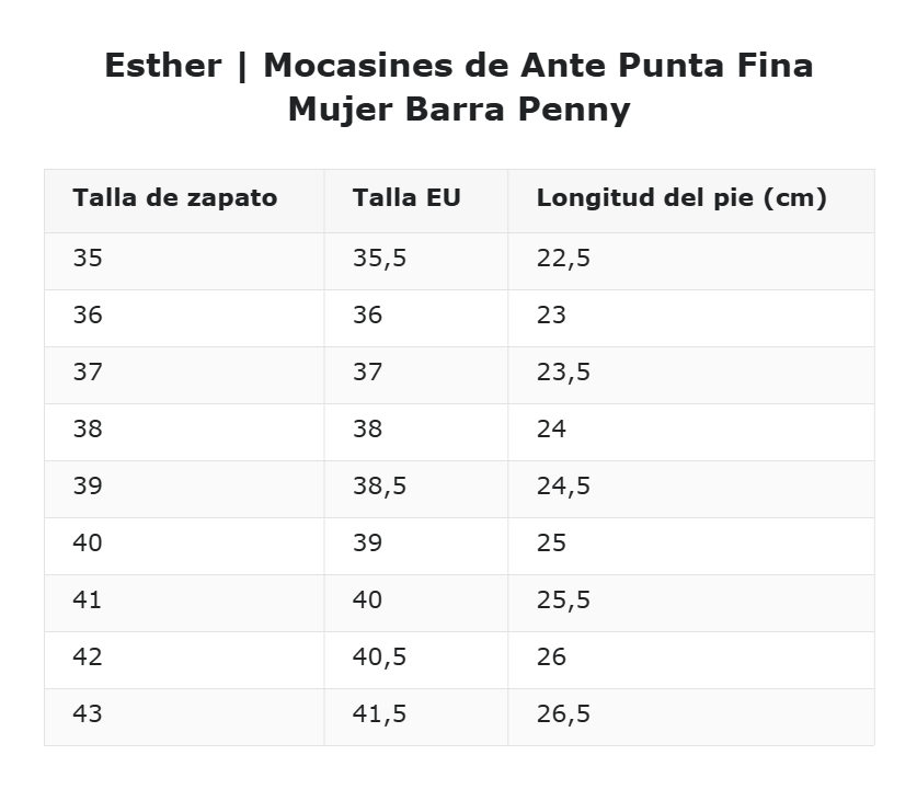 Esther | Mocasines de Ante Punta Fina Mujer Barra Penny — guía de tallas