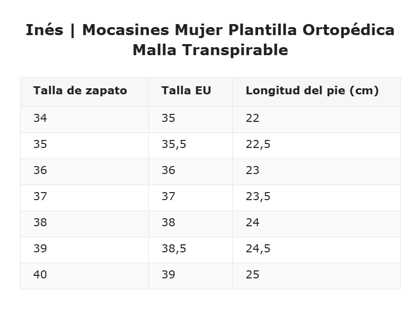 Inés | Mocasines Mujer Plantilla Ortopédica Malla Transpirable — guía de tallas