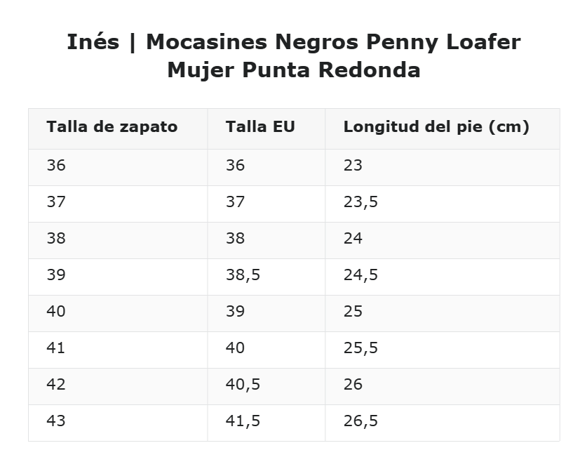 Inés | Mocasines Negros Penny Loafer Mujer Punta Redonda — guía de tallas