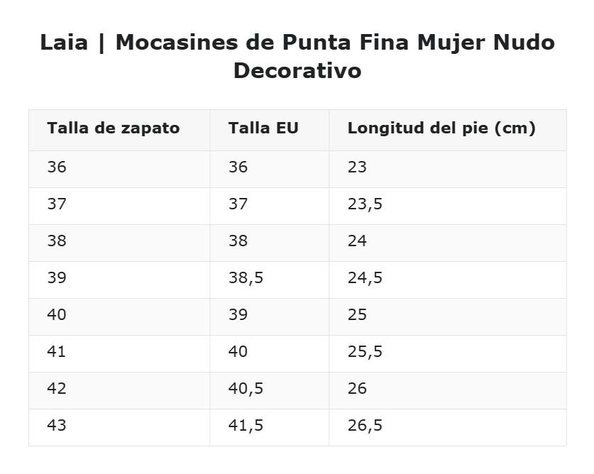 Laia | Mocasines de Punta Fina Mujer Nudo Decorativo — guía de tallas