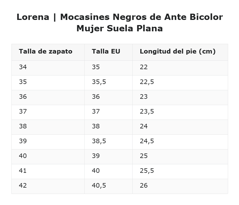 Lorena | Mocasines Negros de Ante Bicolor Mujer Suela Plana — guía de tallas