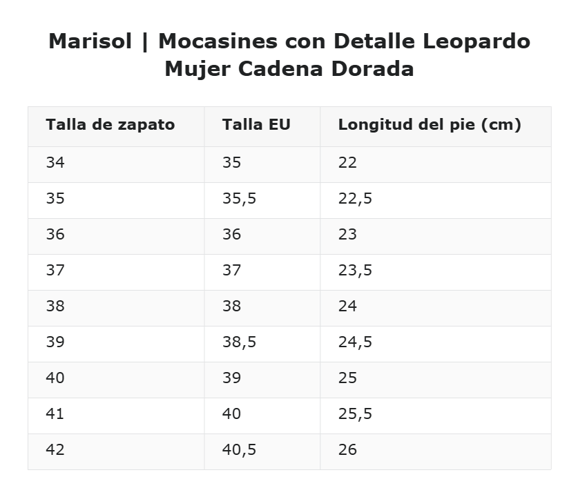 Marisol | Mocasines con Detalle Leopardo Mujer Cadena Dorada — guía de tallas