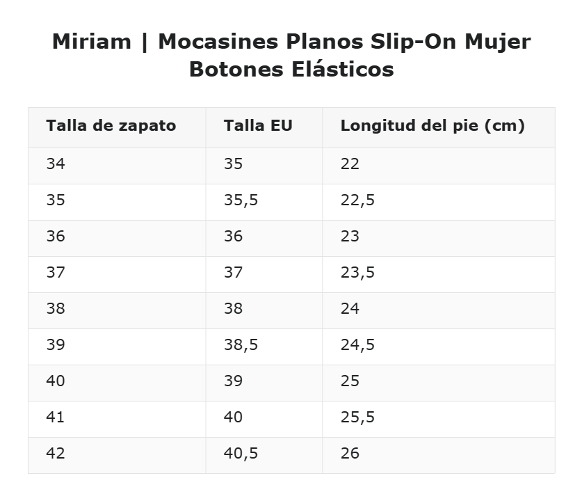 Miriam | Mocasines Planos Slip-On Mujer Botones Elásticos — guía de tallas