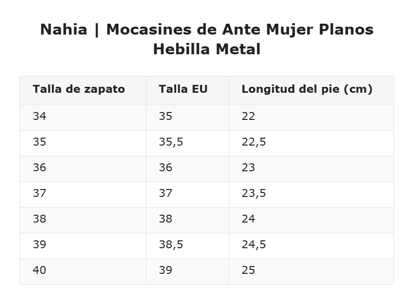 Nahia | Mocasines de Ante Mujer Planos Hebilla Metal — guía de tallas
