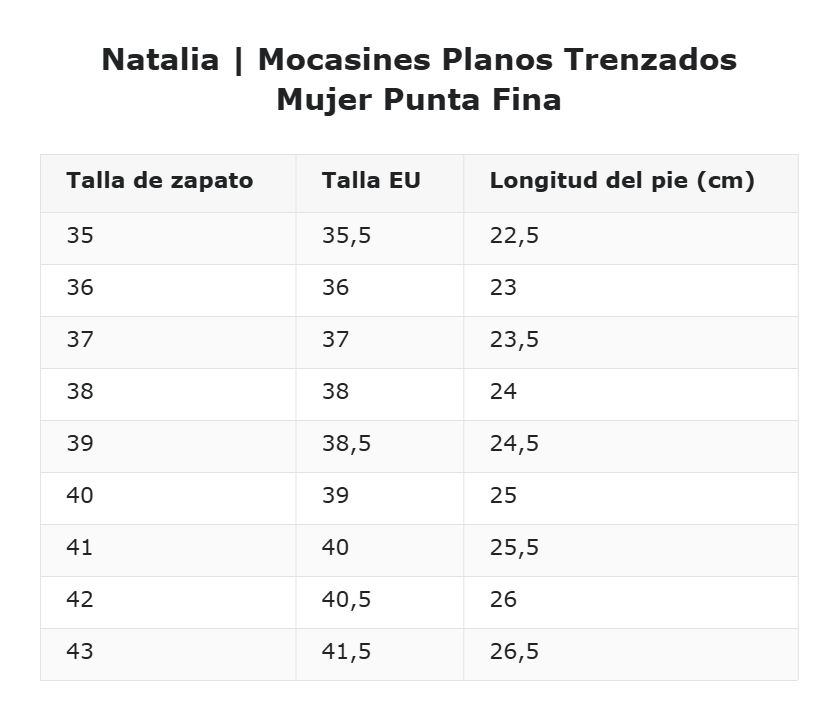 Natalia | Mocasines Planos Trenzados Mujer Punta Fina — guía de tallas
