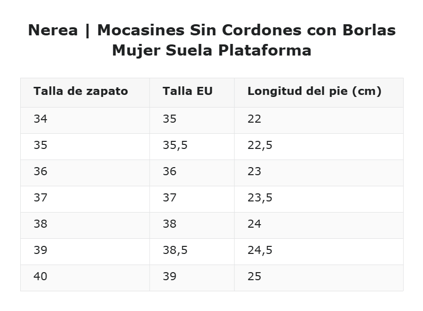 Nerea | Mocasines Sin Cordones con Borlas Mujer Suela Plataforma — guía de tallas