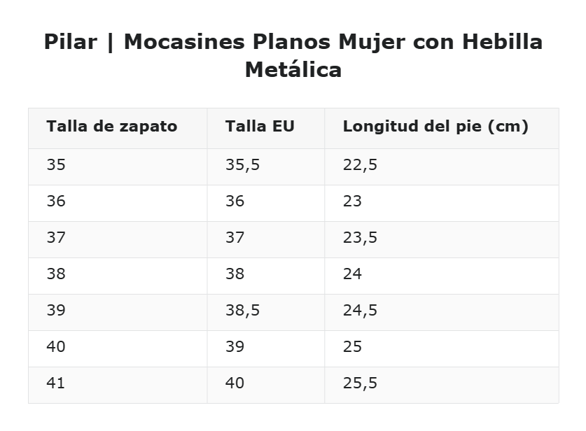 Pilar | Mocasines Planos Mujer con Hebilla Metálica — guía de tallas