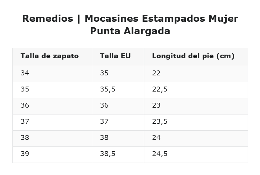 Remedios | Mocasines Estampados Mujer Punta Alargada — guía de tallas