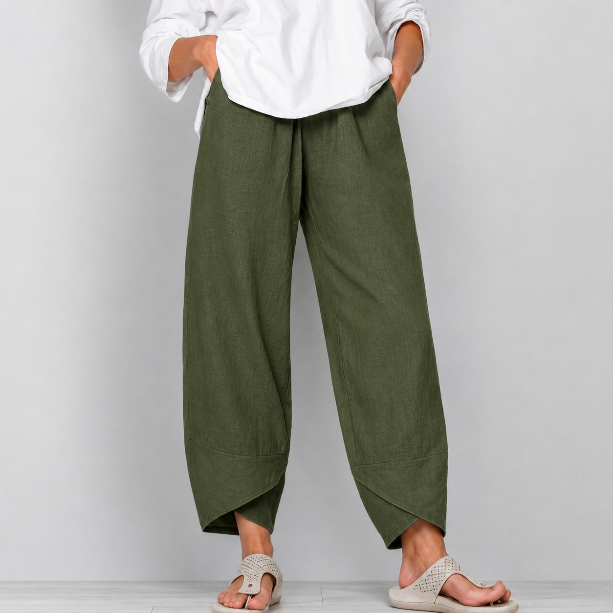 Mujer lino Pantalones Cropped de Pierna Ancha con Bajo Curvado