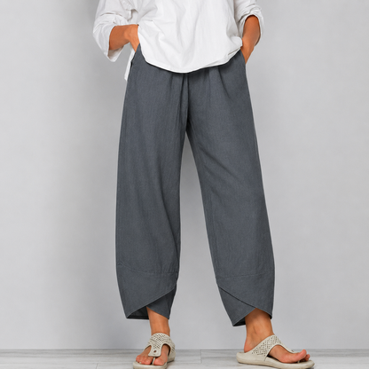Mujer lino Pantalones Cropped de Pierna Ancha con Bajo Curvado