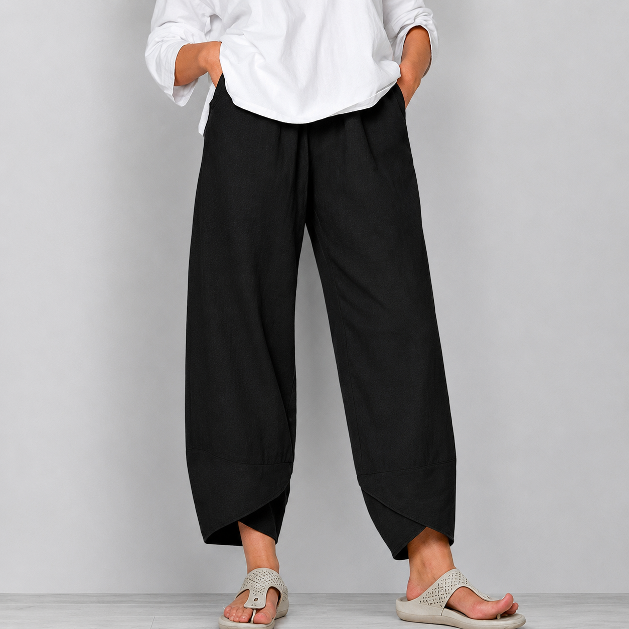 Mujer lino Pantalones Cropped de Pierna Ancha con Bajo Curvado