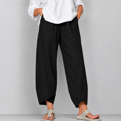 Mujer lino Pantalones Cropped de Pierna Ancha con Bajo Curvado