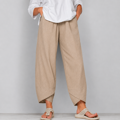 Mujer lino Pantalones Cropped de Pierna Ancha con Bajo Curvado