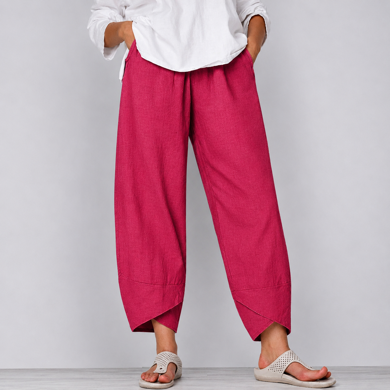 Mujer lino Pantalones Cropped de Pierna Ancha con Bajo Curvado