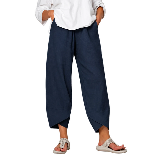 Mujer lino Pantalones Cropped de Pierna Ancha con Bajo Curvado