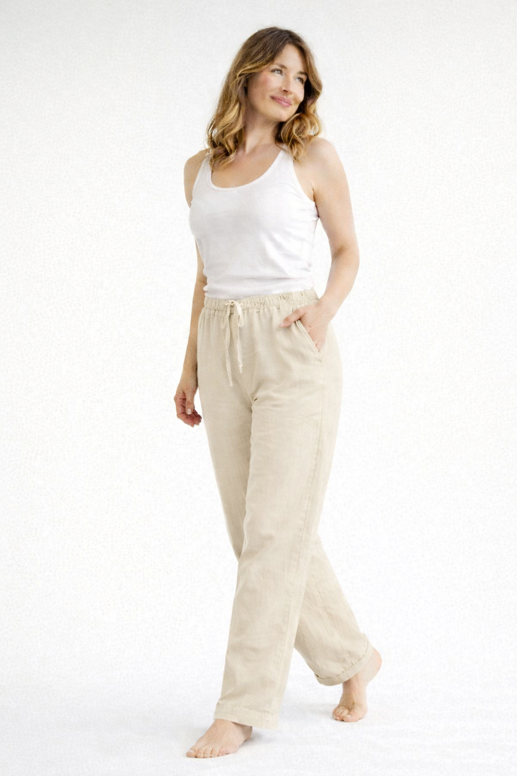 Mujer Pantalón de pierna recta con cintura elástica y cordón