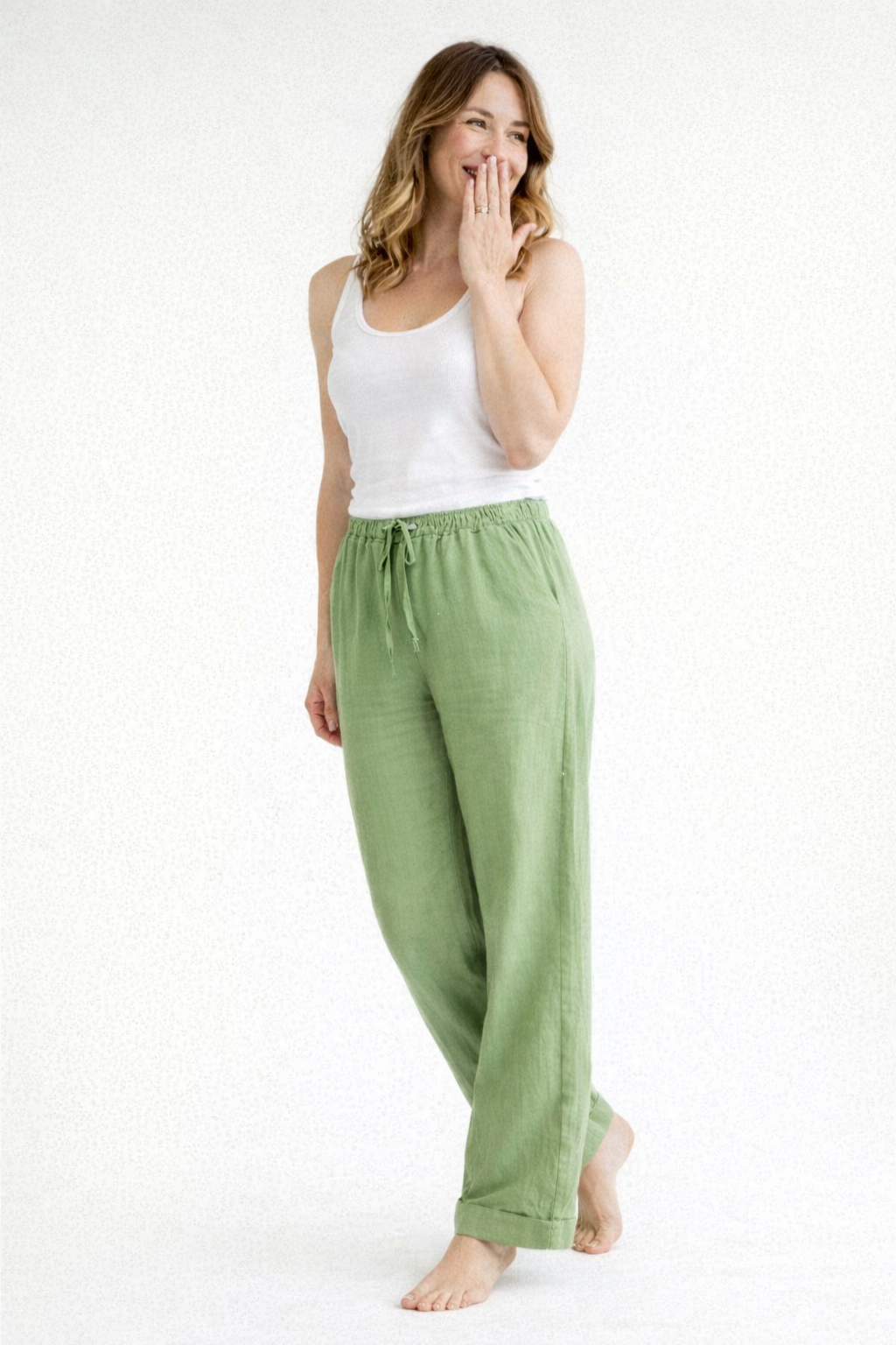 Mujer Pantalón de pierna recta con cintura elástica y cordón
