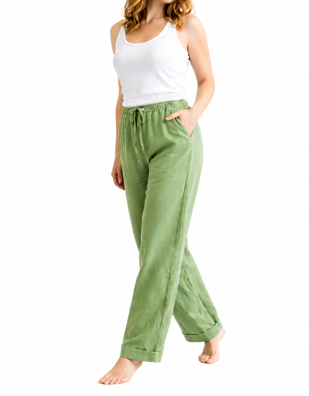 Mujer Pantalón de pierna recta con cintura elástica y cordón