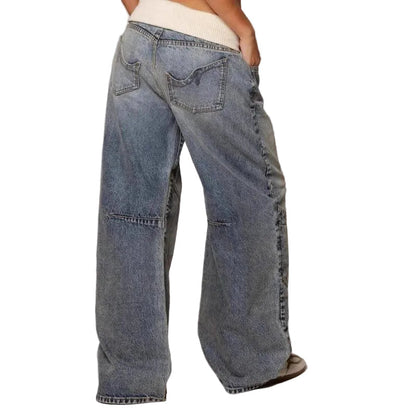 Mujer pantalón vaquero de pierna ancha con diseño de paneles y cintura elástica