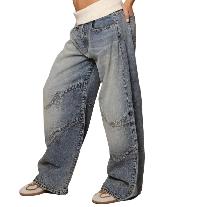 Mujer pantalón vaquero de pierna ancha con diseño de paneles y cintura elástica