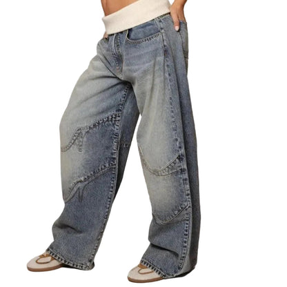 Mujer pantalón vaquero de pierna ancha con diseño de paneles y cintura elástica
