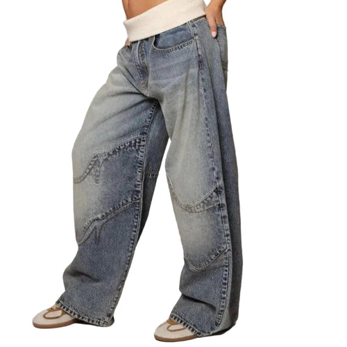Mujer pantalón vaquero de pierna ancha con diseño de paneles y cintura elástica