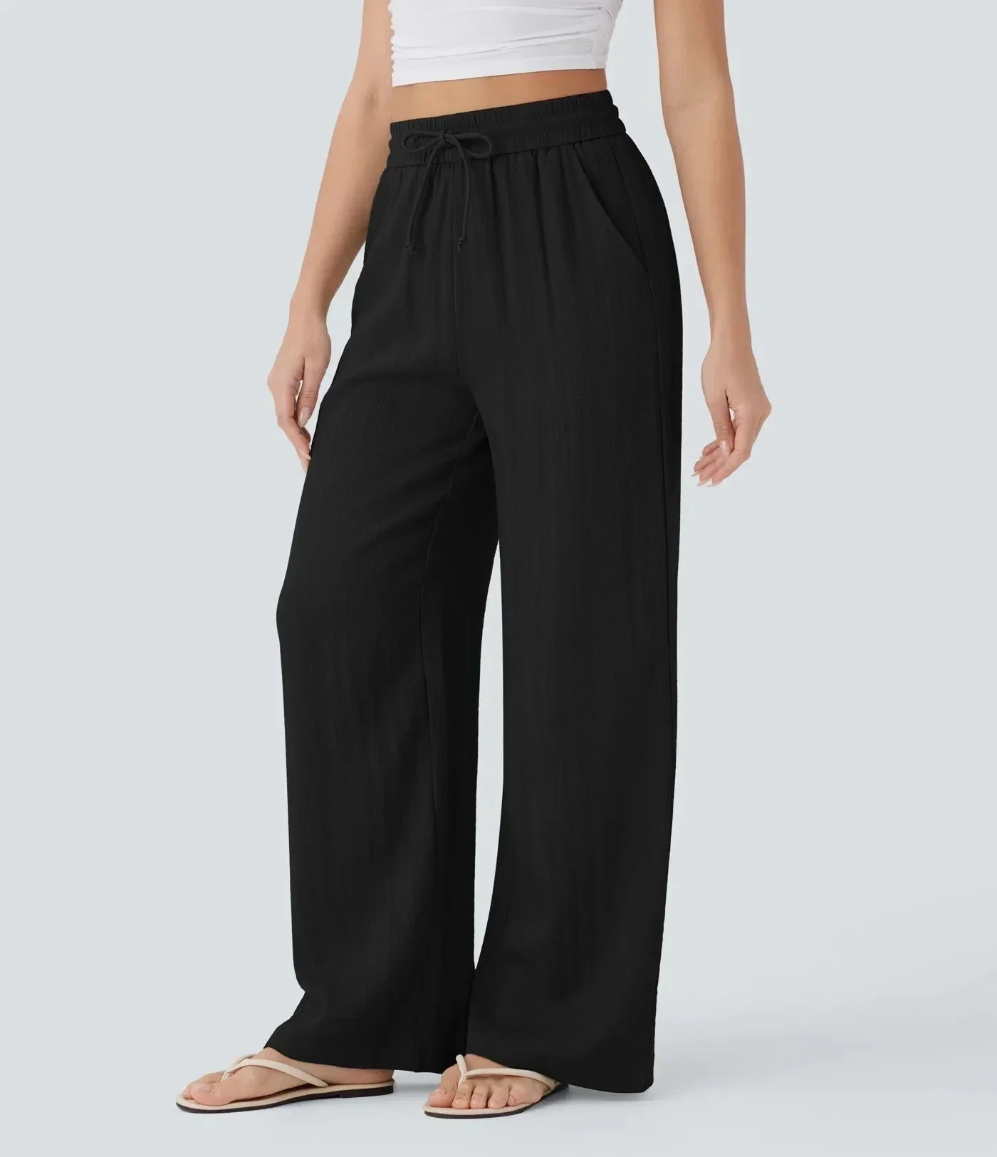 Mujer Pantalones de Pierna Ancha con Cordón y Acabado Texturizado