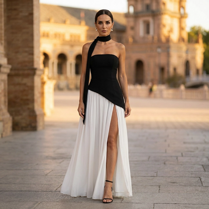 Ella | Vestido maxi asimétrico sin tirantes para mujer