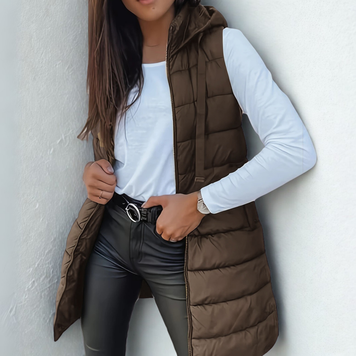 Nuria | Gilet Largo Acolchado con Capucha Mujer Sin Mangas