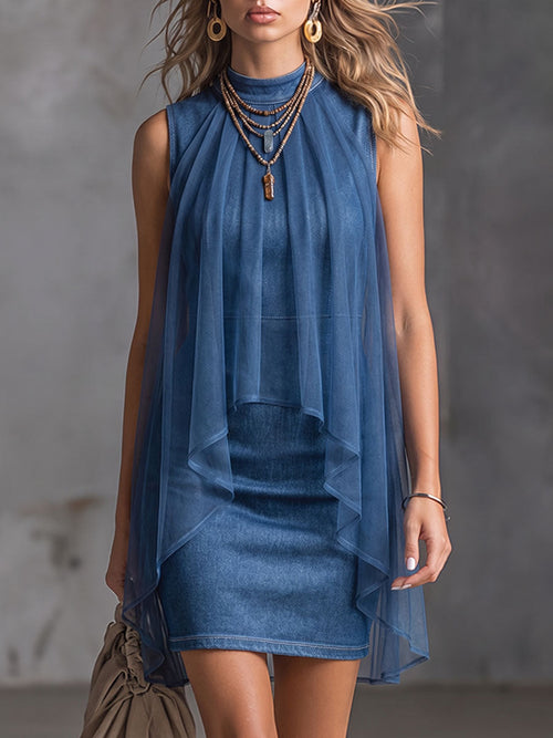 Vestido corto de lino efecto denim con gasa estilo cena chic