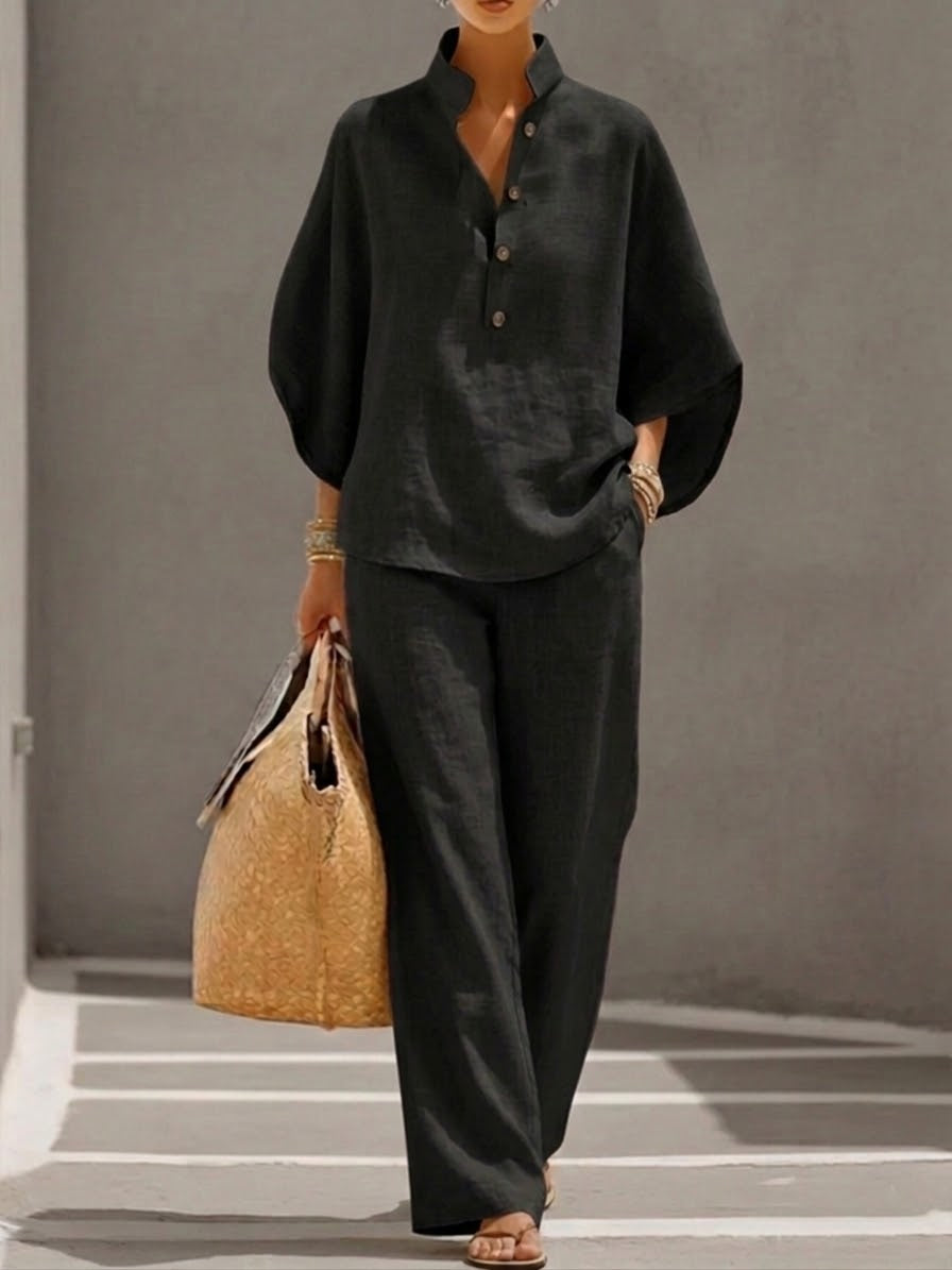 Lorena | Conjunto de Algodón Lino con Mangas Murciélago y Pantalón Ancho