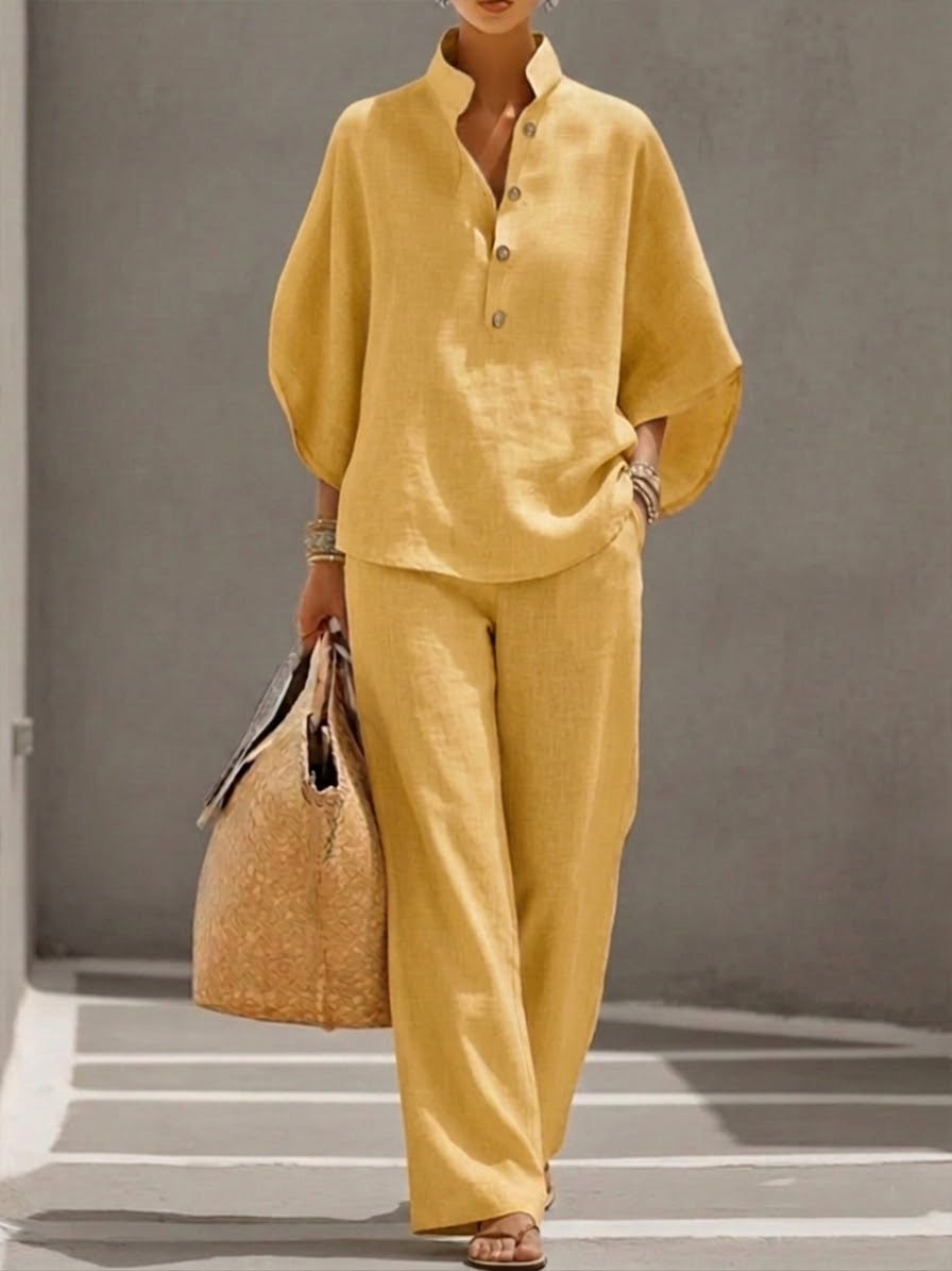 Lorena | Conjunto de Algodón Lino con Mangas Murciélago y Pantalón Ancho