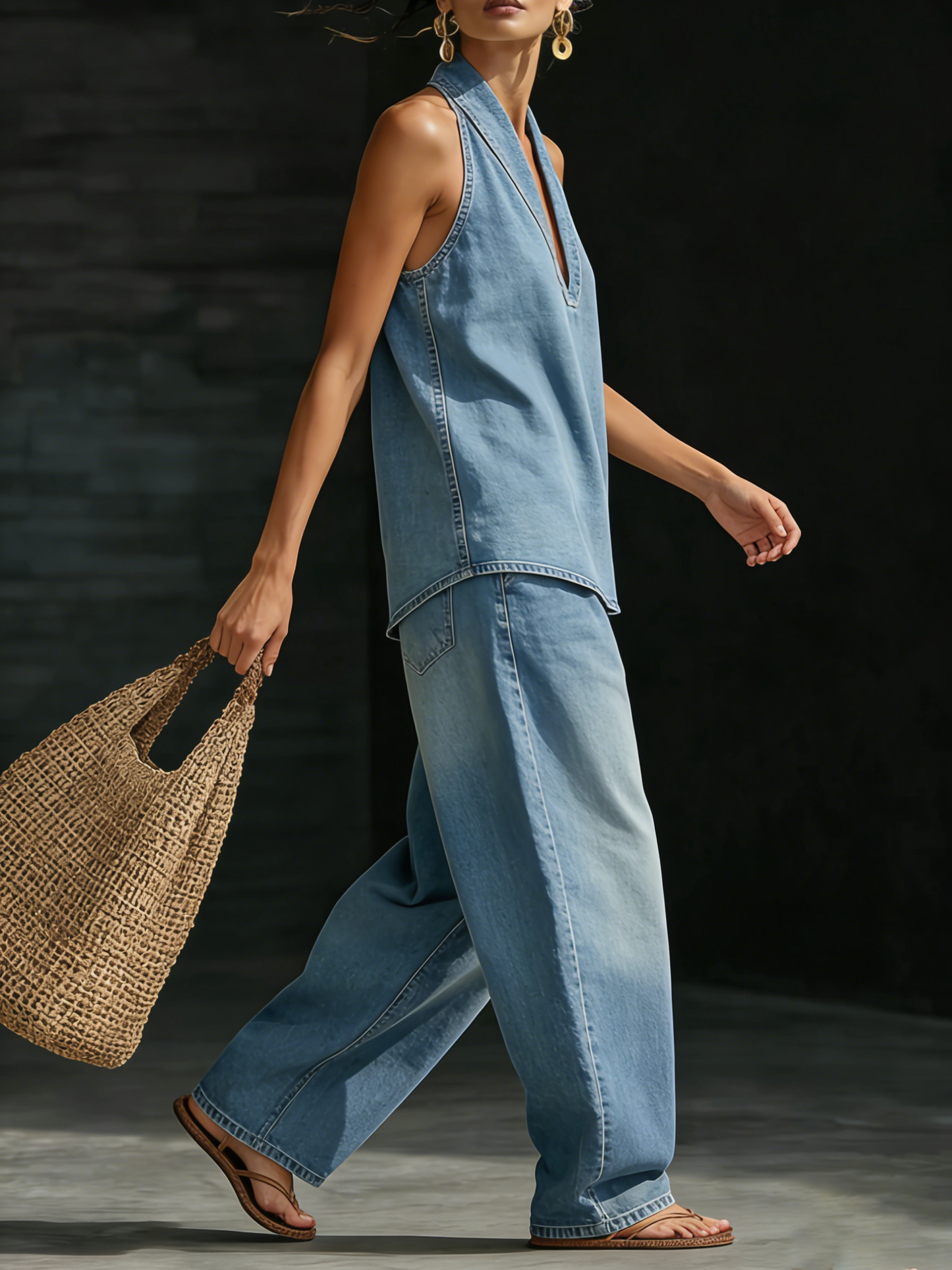 Conjunto mujer denim dos piezas top halter escote V jeans anchos casual moderno